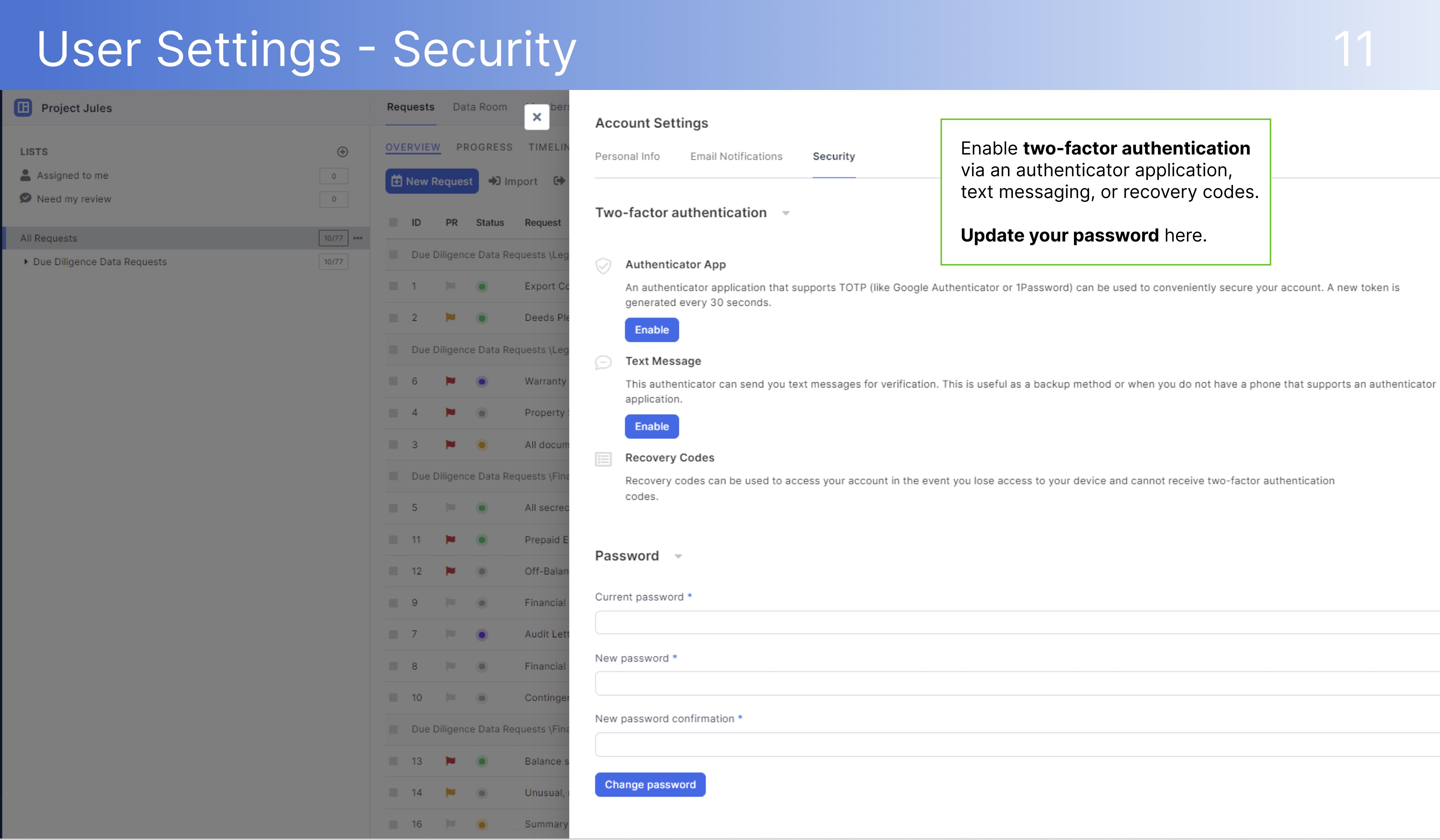 dealroom User Settings - Security 